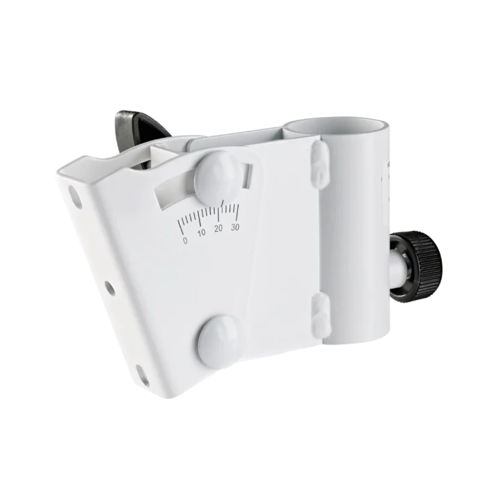 K&M incline speaker adapter in pure white with adjustable mounting bracket and tilt mechanism