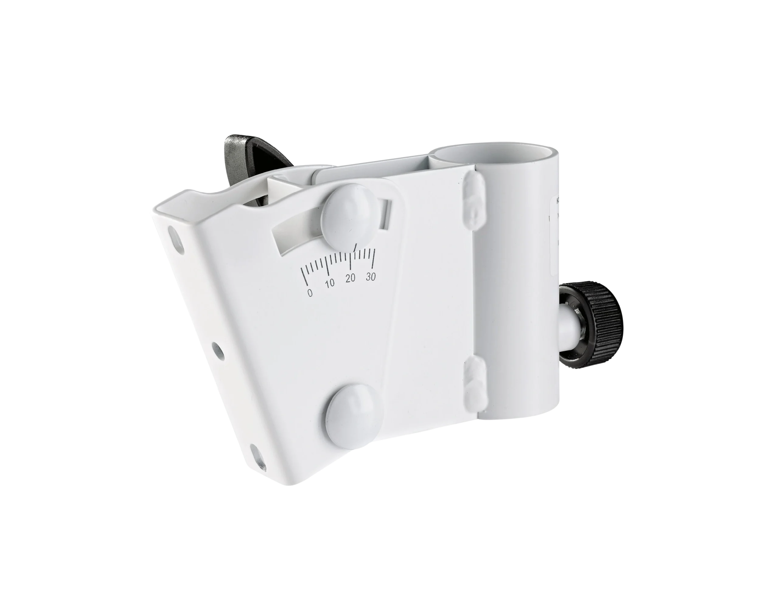K&M Incline Speaker Adapter Pure White Front View K&M incline speaker adapter in pure white with adjustable mounting bracket and tilt mechanism