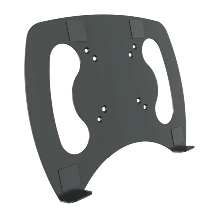 K&M black laptop rest mounted on monitor stand with adjustable platform