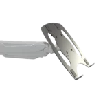 K&M laptop rest mounted on monitor stand, black finish, side profile showing depth and mounting bracket