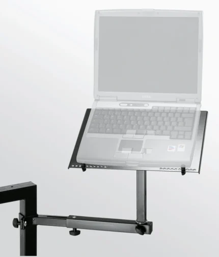 K&M laptop shelf keyboard stand in black with notebook computer mounted on top