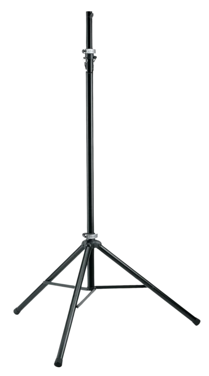 K&M black lighting stand with adjustable height and stable tripod base for stage lighting