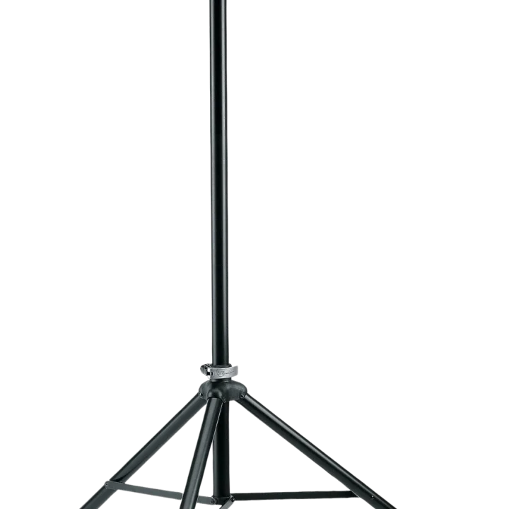 K&M black lighting stand with adjustable height and stable tripod base for stage lighting