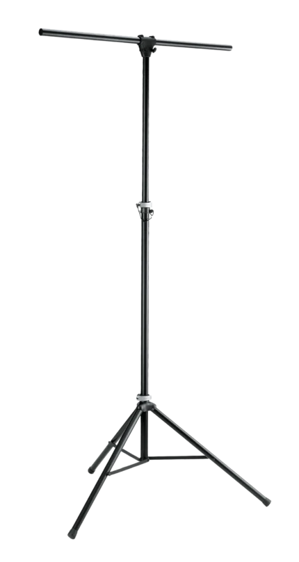 K&M black lighting stand with adjustable height and stable tripod base for stage lighting