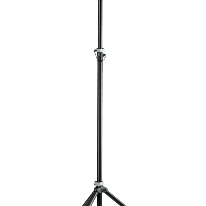 K&M black lighting stand with adjustable height and stable tripod base for stage lighting