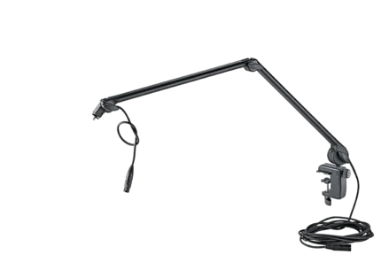 K&M black microphone desk arm with adjustable boom and clamp mount system