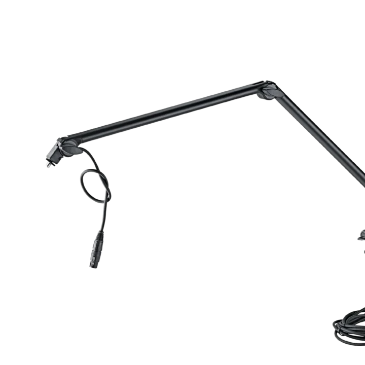 K&M black microphone desk arm with adjustable boom and clamp mount system
