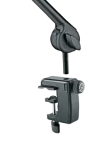 K&M microphone desk arm black finish shown from side angle with articulating boom