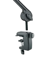 K&M microphone desk arm black finish shown from side angle with articulating boom