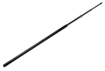 K&M microphone fishing pole boom arm in black, front view with adjustment mechanisms