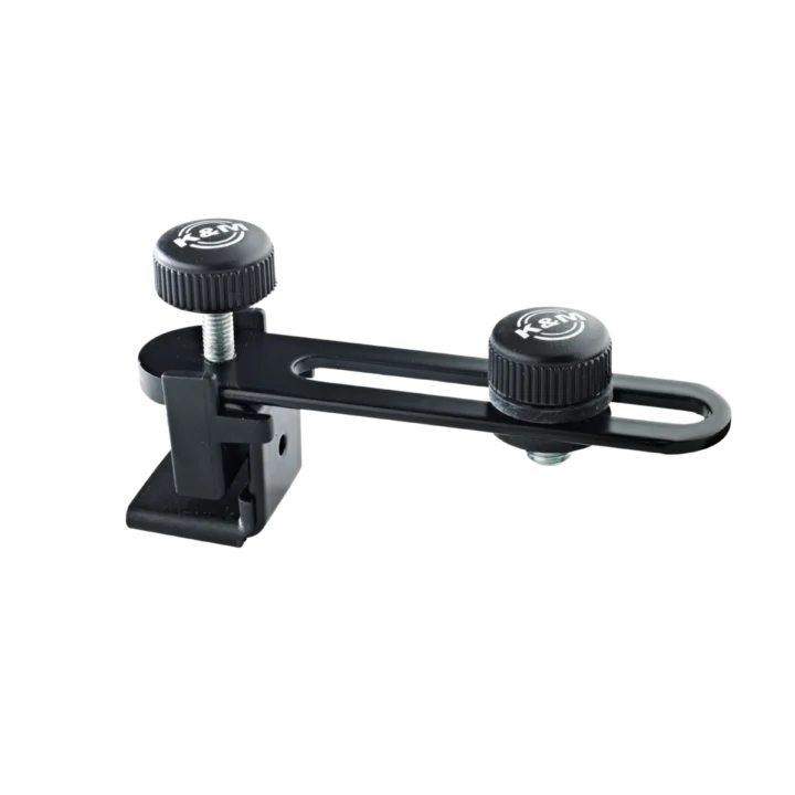 K&M black microphone holder for drums with adjustable mounting bracket and clamp