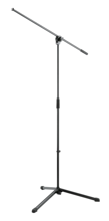 K&M black microphone stand with adjustable boom arm and weighted base for studio recording