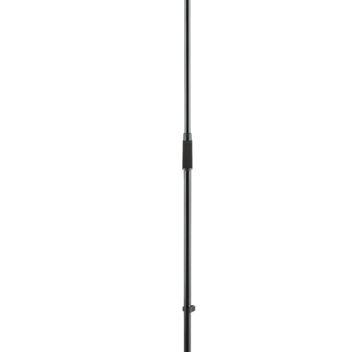 K&M black microphone stand with adjustable boom arm and weighted base for studio recording