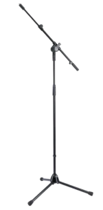 K&M black microphone stand with adjustable boom arm and weighted base for studio recording