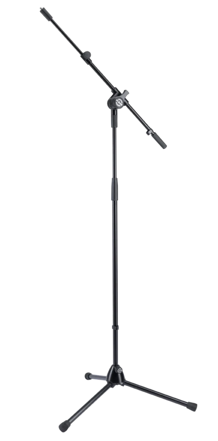 K&M black microphone stand with adjustable boom arm and weighted base for studio recording