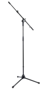 K&M black microphone stand with adjustable boom arm and weighted base for studio recording