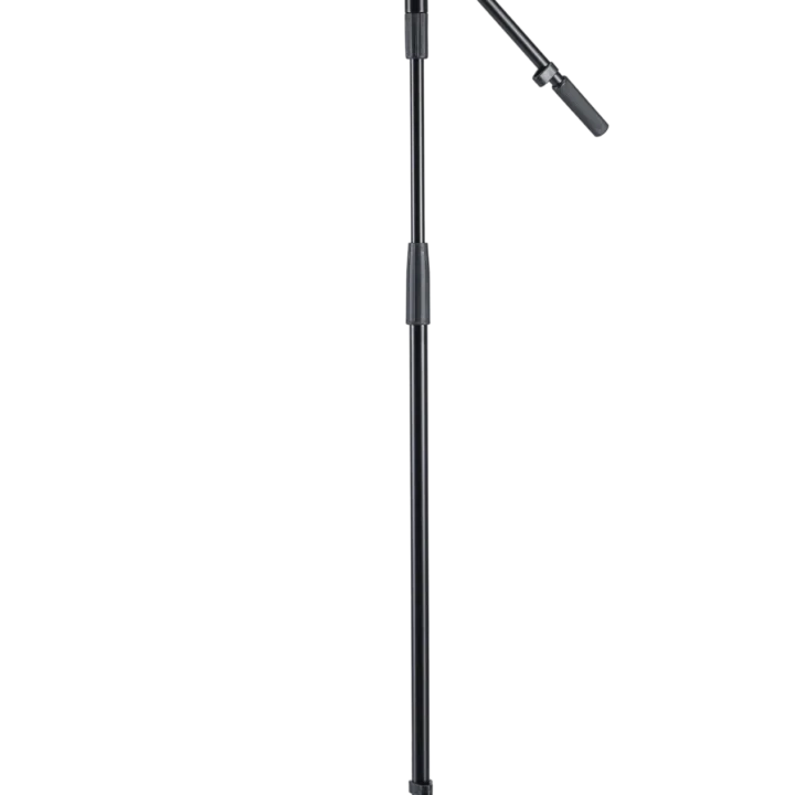 K&M black microphone stand with adjustable boom arm and weighted base for studio recording