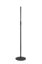 K&M black microphone stand with adjustable boom arm and weighted base for studio recording