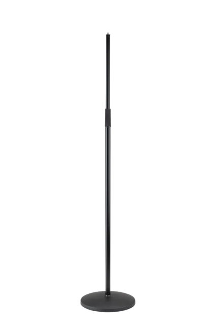 K&M black microphone stand with adjustable boom arm and weighted base for studio recording