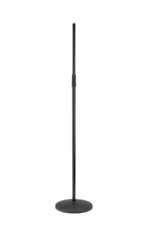 K&M black microphone stand with adjustable boom arm and weighted base for studio recording