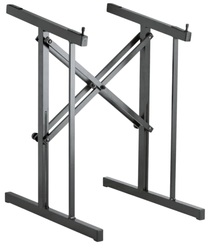 K&M black mixer stand with adjustable height and stable base for professional audio mixing