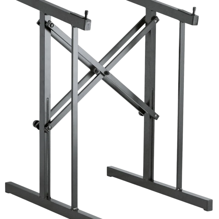 K&M black mixer stand with adjustable height and stable base for professional audio mixing