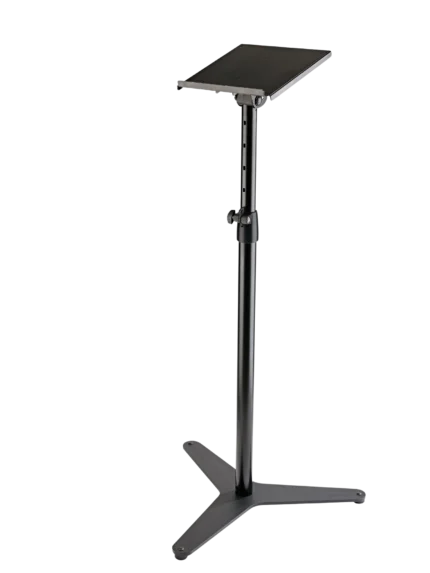 K&M tiltable bearing plate monitor stand in black with adjustment mechanism