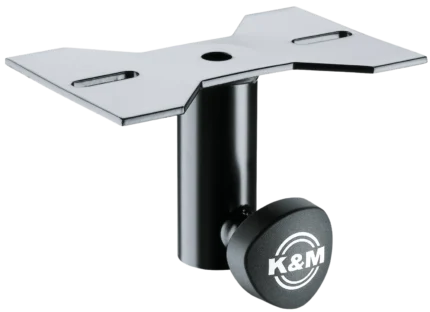 K&M black mounting adaptor with secure fastening mechanism for professional audio equipment installation