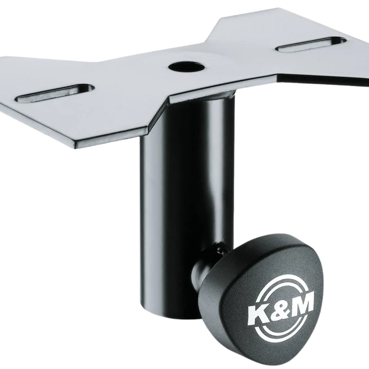 K&M black mounting adaptor with secure fastening mechanism for professional audio equipment installation