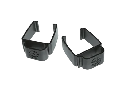 K&M Omega cable clamps set of two black metal clamps front view