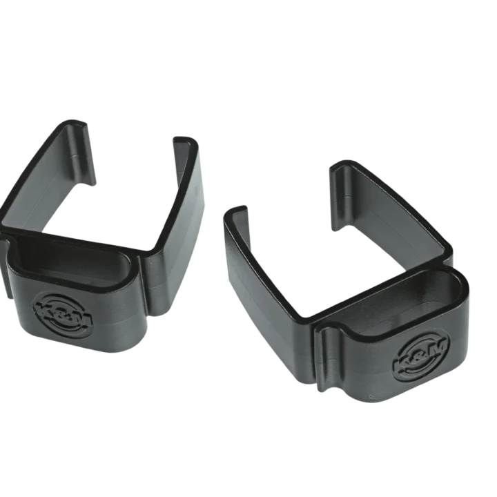 K&M Omega cable clamps set of two black metal clamps front view