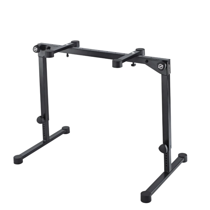 K&M Omega Pro keyboard stand black finish front view with adjustable height mechanism