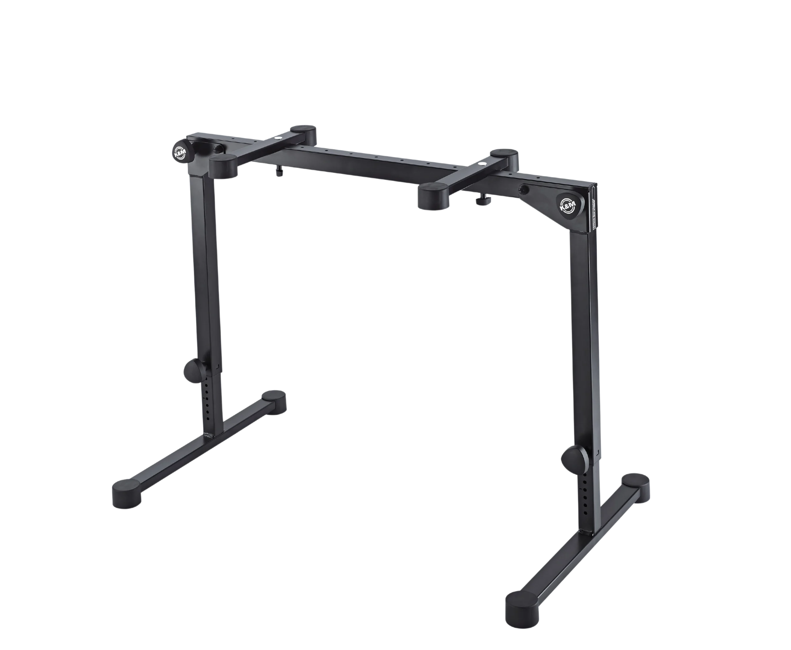 K&M Omega Pro Keyboard Stand Black Front View K&M Omega Pro keyboard stand black finish front view with adjustable height mechanism