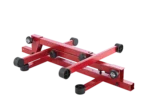K&M Omega Pro red keyboard stand dimensional diagram showing height, width, and depth measurements