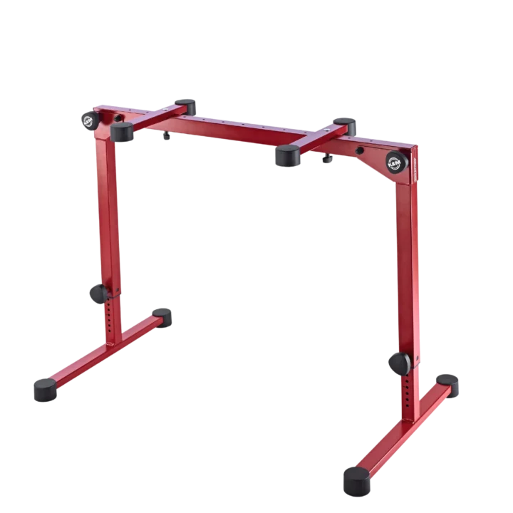 K&M Omega Pro red keyboard stand with dual-tier design and professional stability features