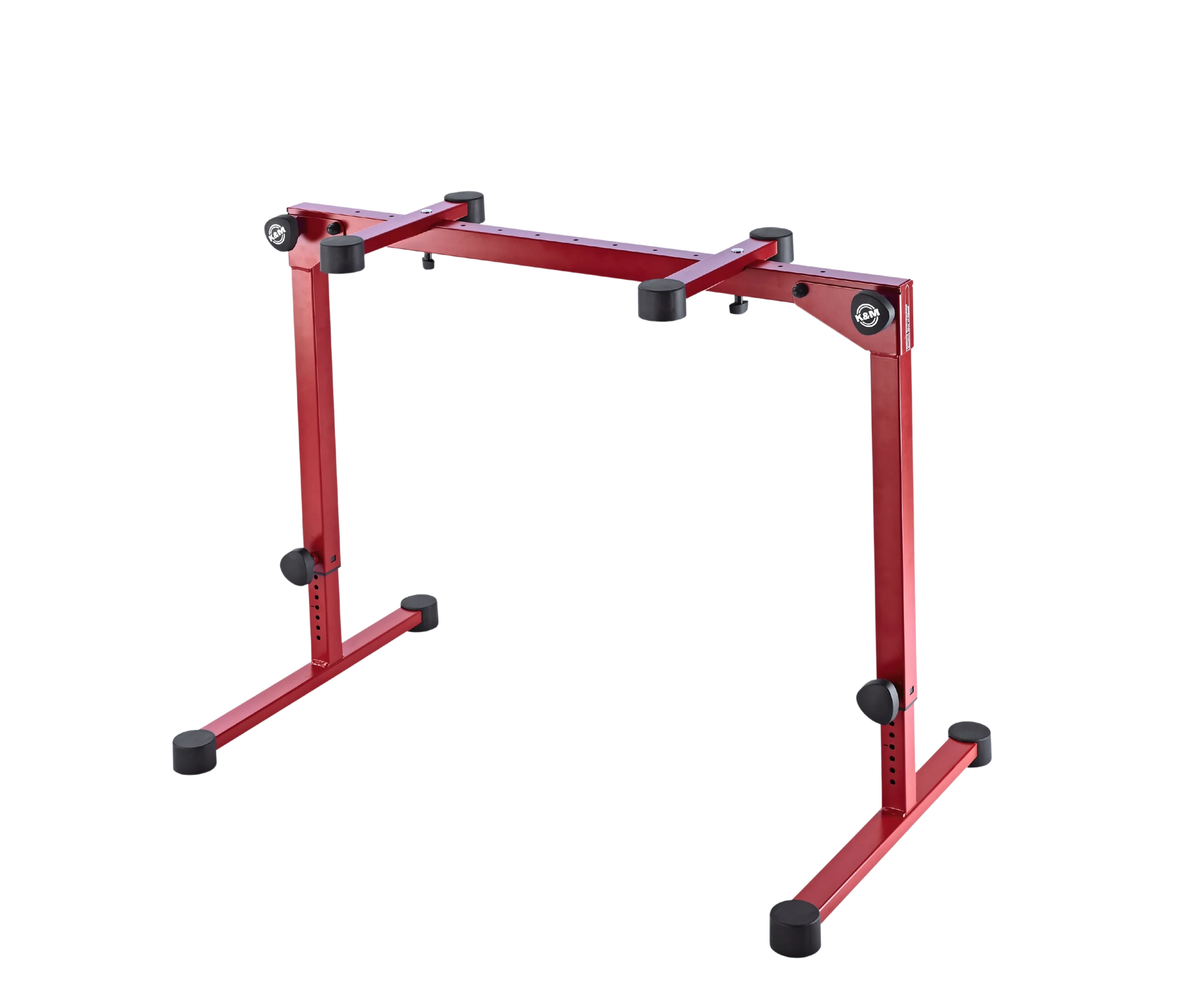 K&M Omega Pro Keyboard Stand Red Front View K&M Omega Pro red keyboard stand with dual-tier design and professional stability features
