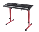K&M Omega Pro red keyboard stand in professional studio setup with musician performing