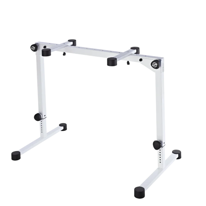 K&M Omega Pro keyboard stand in pure white with adjustable height and sturdy base construction
