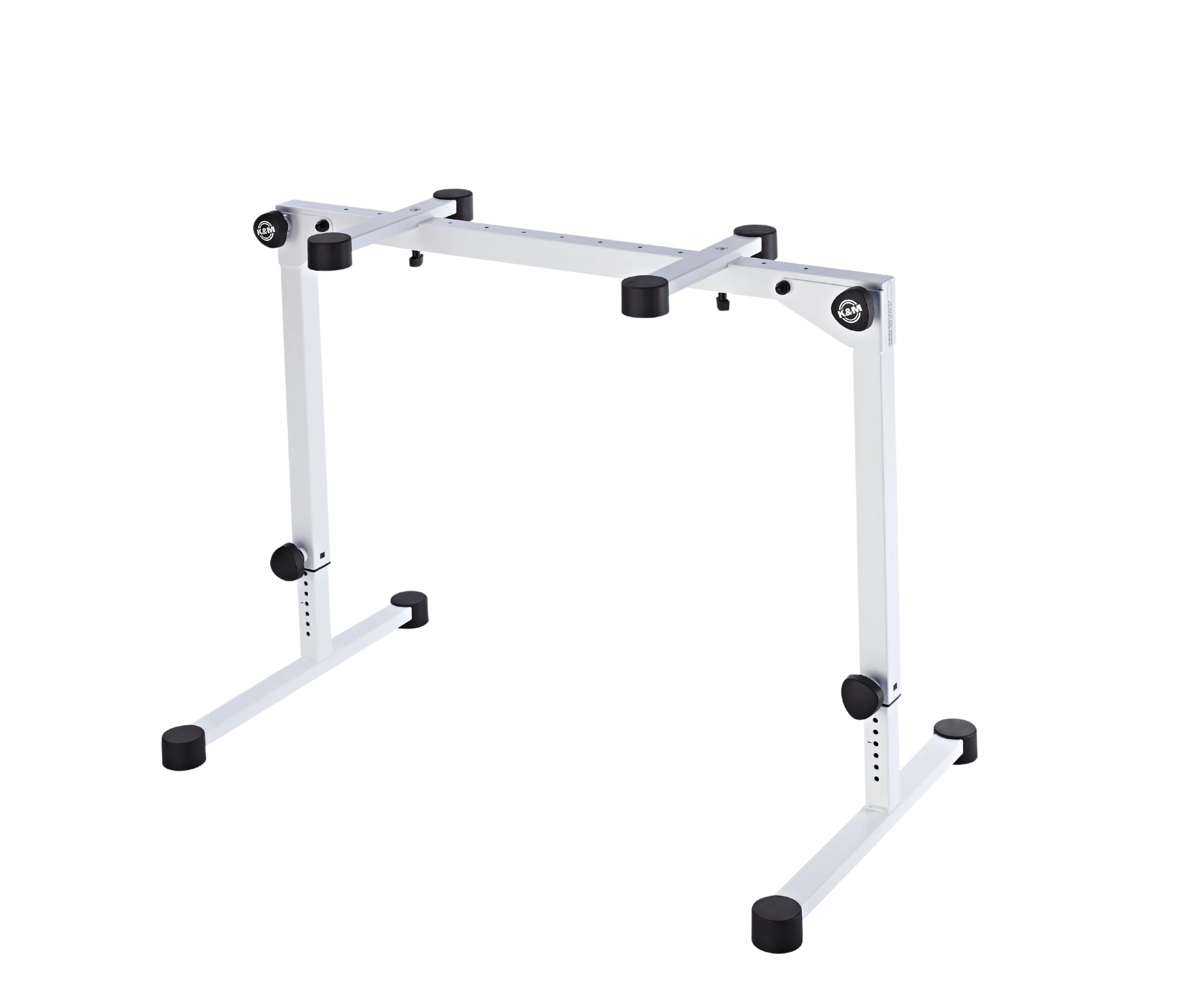 K&M Omega Pro Keyboard Stand Pure White Front View K&M Omega Pro keyboard stand in pure white with adjustable height and sturdy base construction