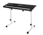 K&M Omega Pro keyboard stand in pure white supporting professional keyboard in studio setting