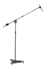 K&M overhead microphone stand with black finish, full front view showing boom arm and base