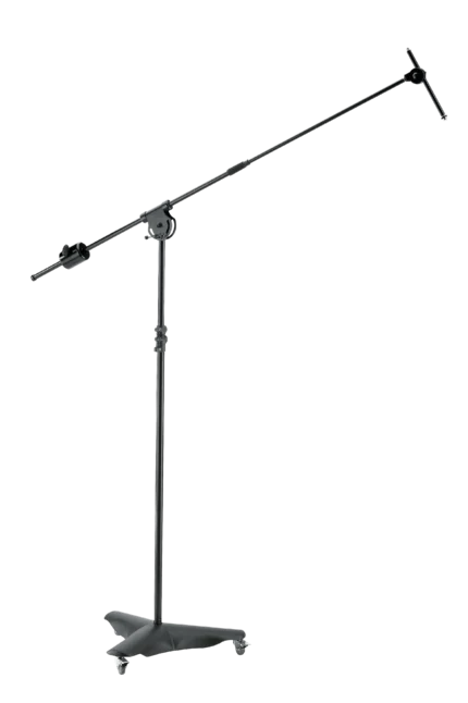 K&M overhead microphone stand with black finish, full front view showing boom arm and base