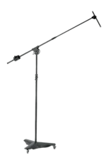 K&M overhead microphone stand with black finish, full front view showing boom arm and base