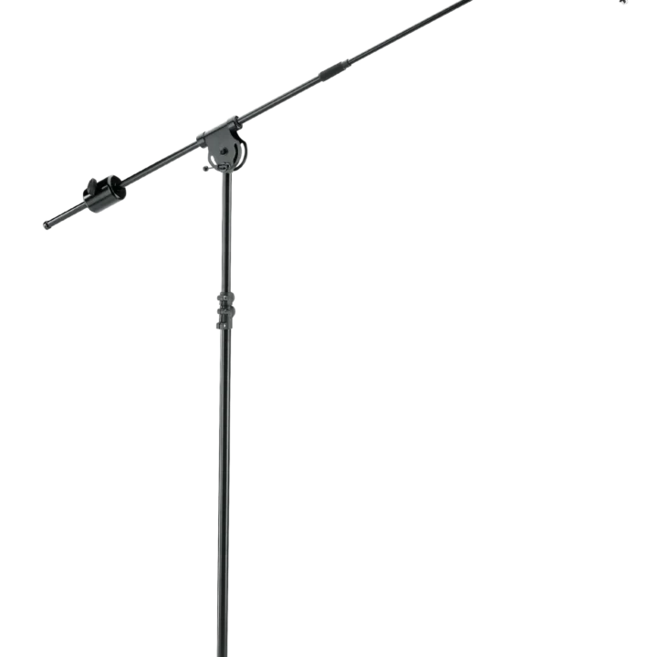 K&M overhead microphone stand with black finish, full front view showing boom arm and base