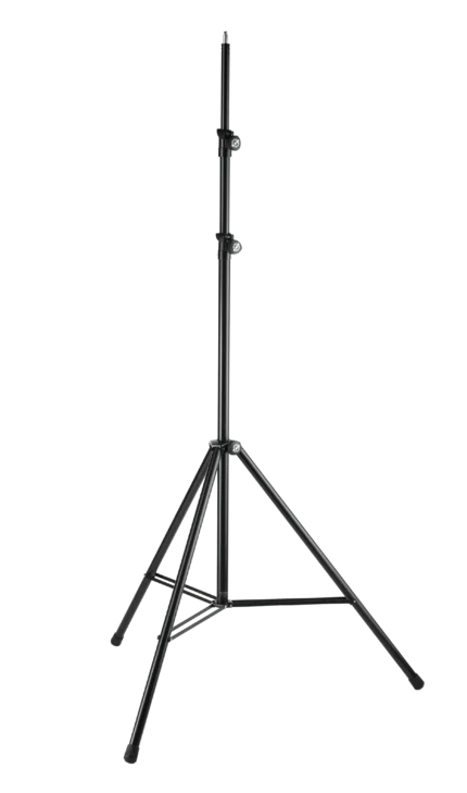 K-M overhead microphone stand with adjustable boom arm and counterweight system, front view