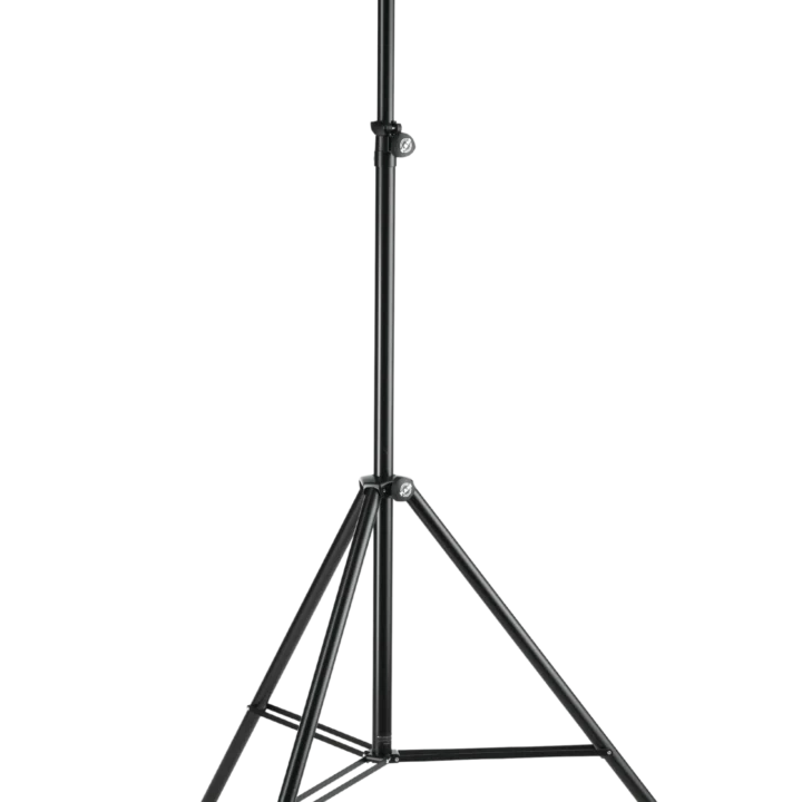 K-M overhead microphone stand with adjustable boom arm and counterweight system, front view