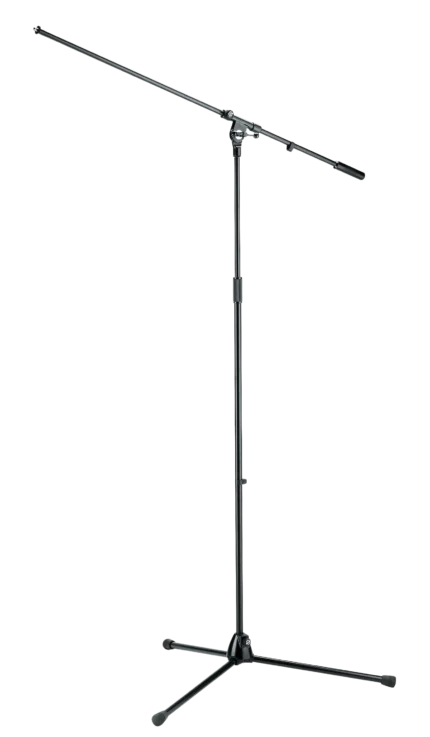 K-M overhead microphone stand with adjustable boom arm and stable base assembly
