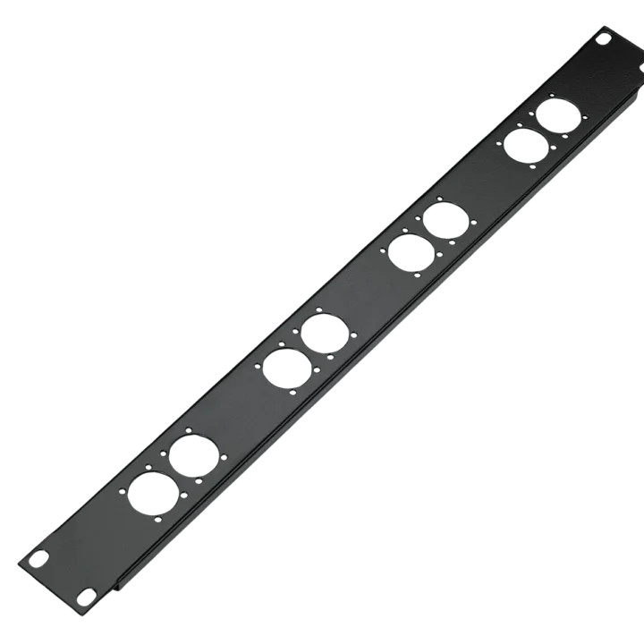 K&M 8 XLR panel connector with black finish showing all XLR ports front view