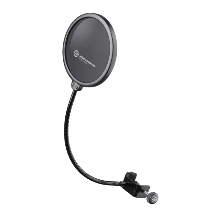 K&M Popkiller black microphone pop filter with metal mesh screen and flexible gooseneck mount