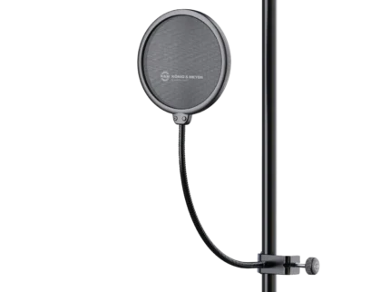 K&M Popkiller black pop filter windscreen rear panel showing mounting bracket and attachment points